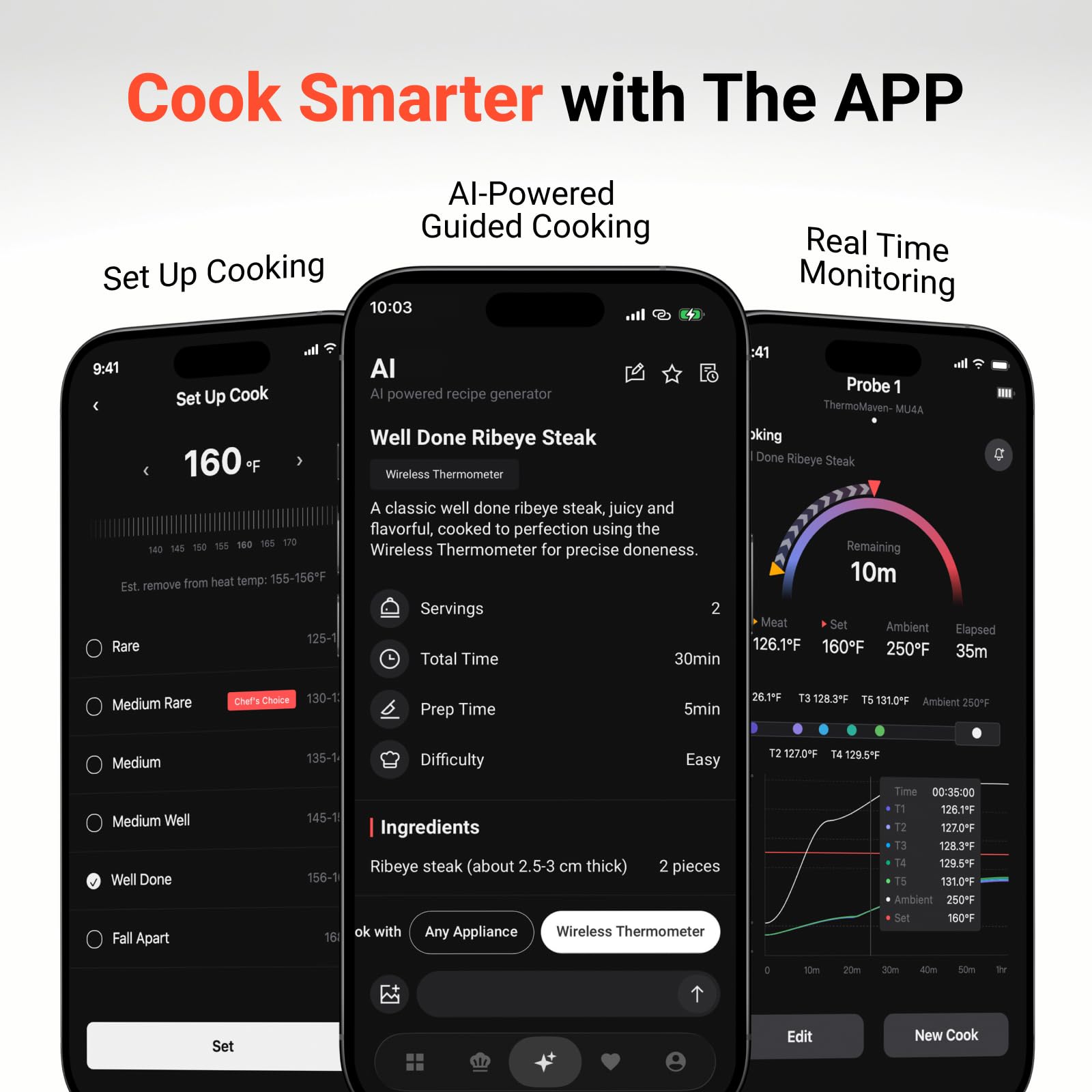 ThermoMaven app on smartphone showing temperature graph and AI-guided recipe benefits