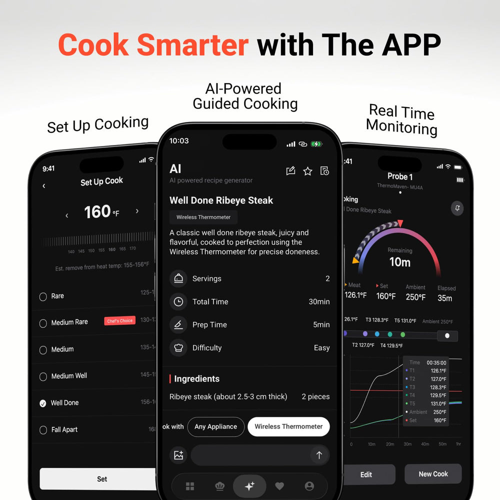 ThermoMaven app on smartphone showing temperature graph and AI-guided recipe benefits