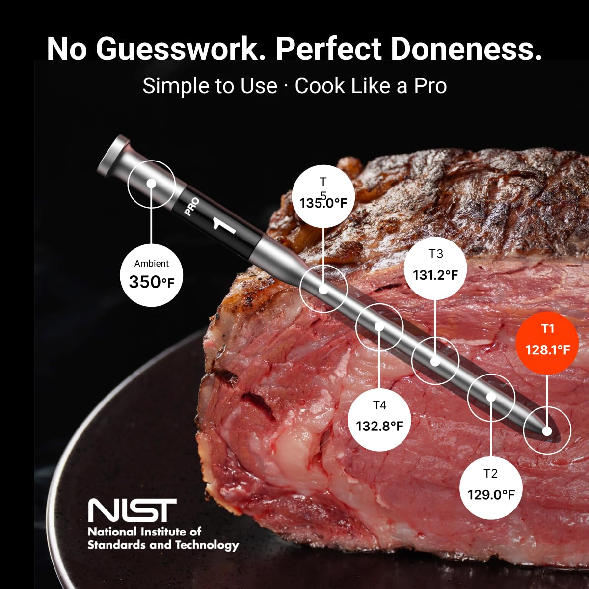 ThermoMaven probe inserted in steak demonstrating accurate internal temperature tracking