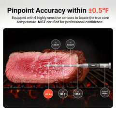 ThermoMaven probes inserted in steak on a grill showing precise doneness monitoring