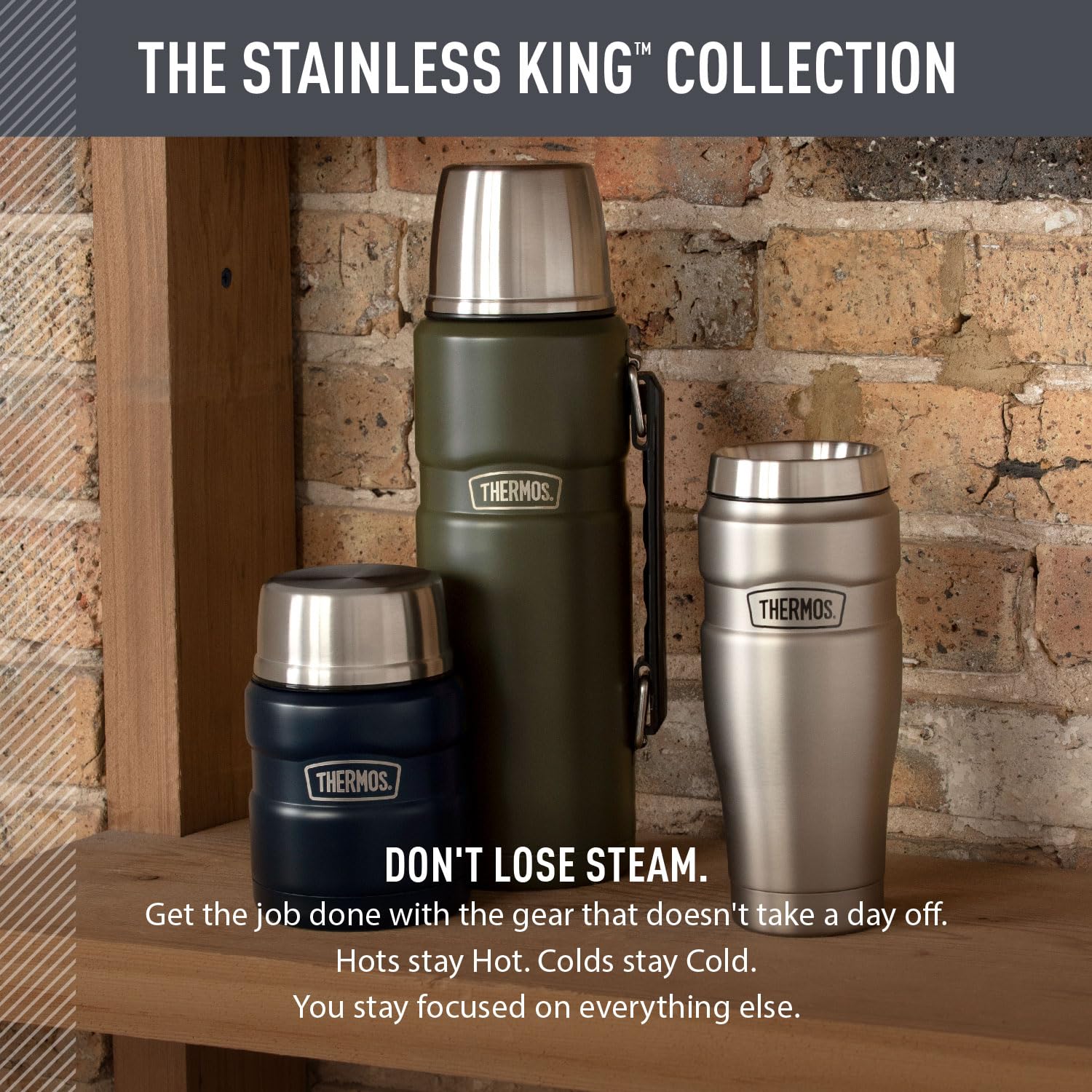 THERMOS brushed finish close-up highlighting rugged stainless texture