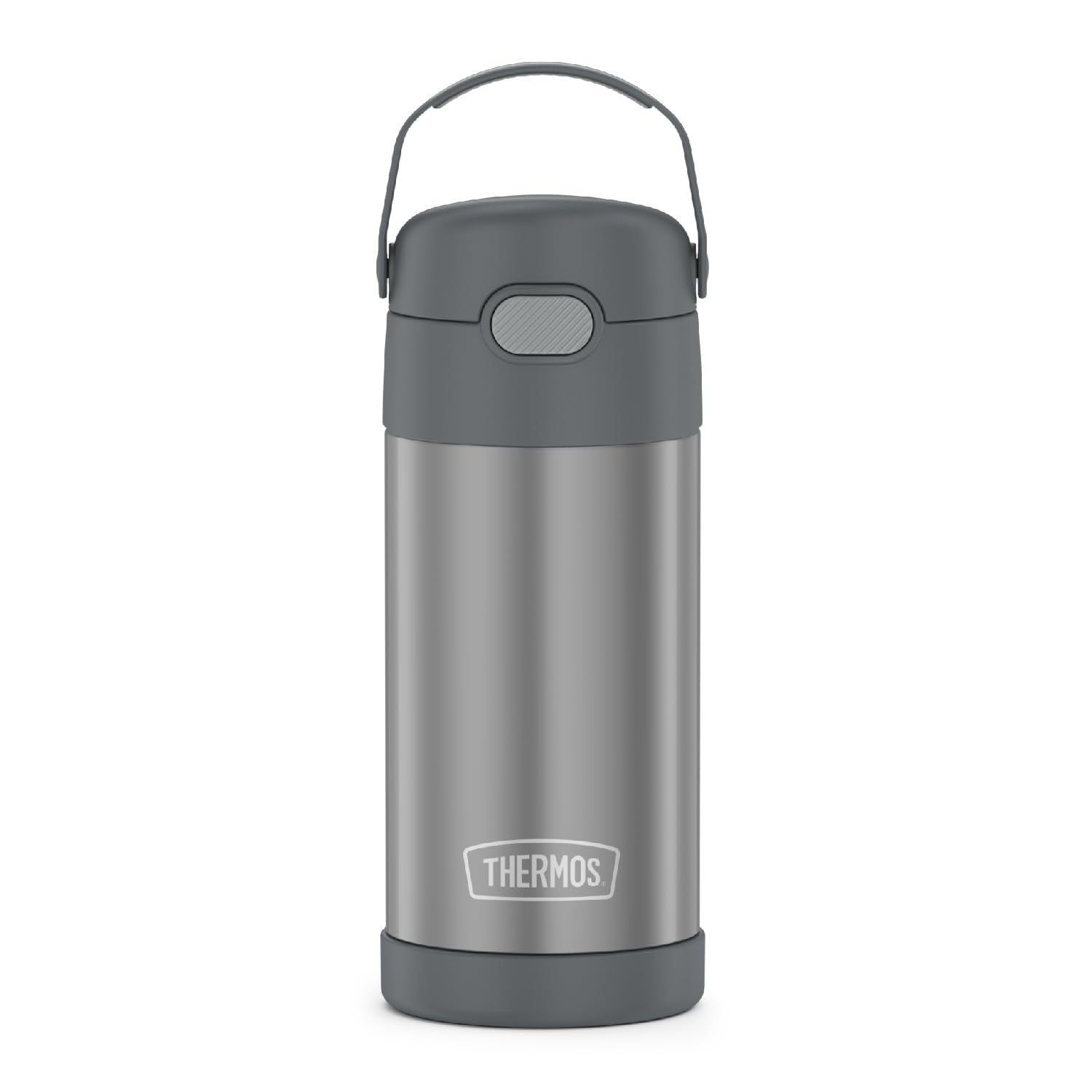 THERMOS FUNTAINER front view showing grey bottle and compact design for easy carrying