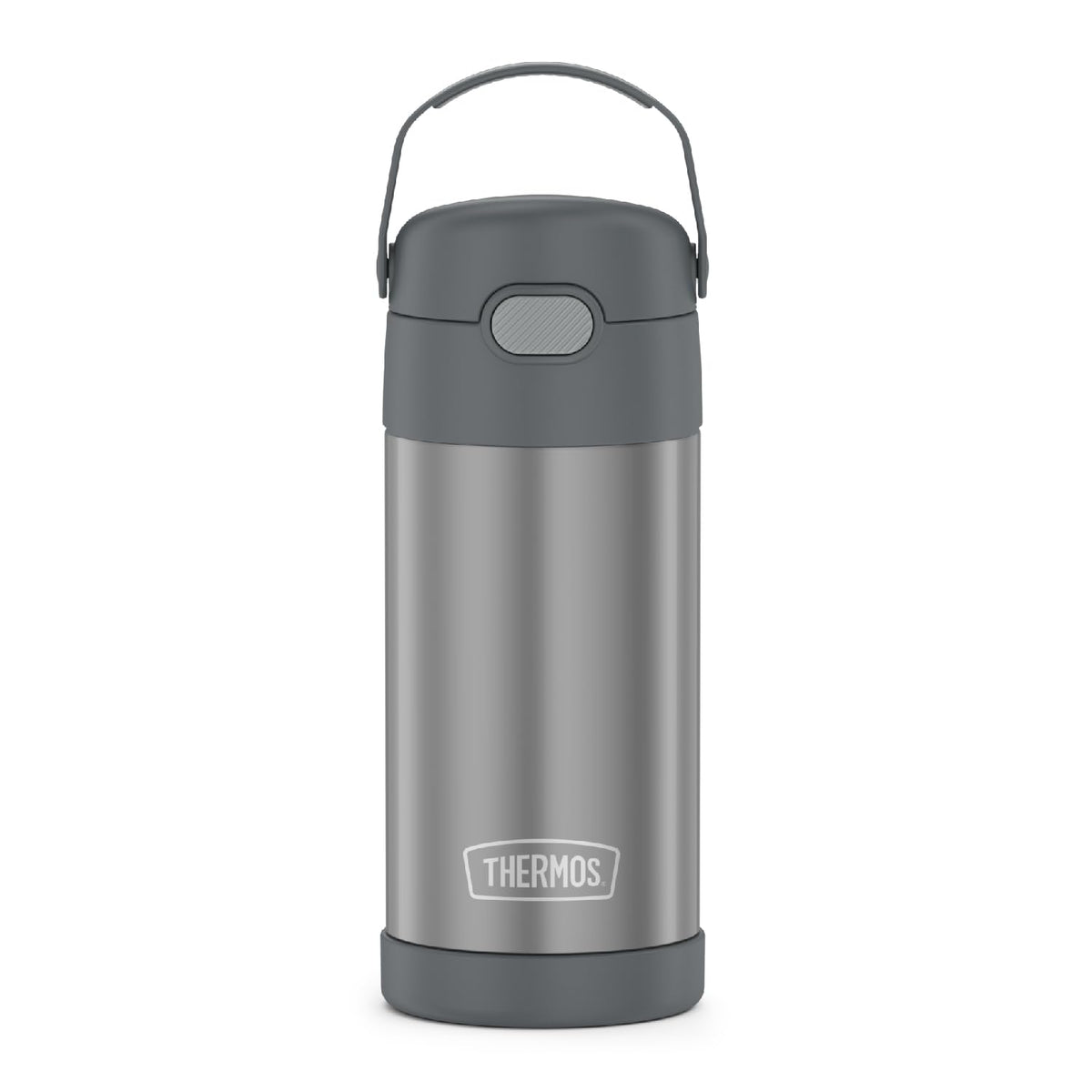 THERMOS FUNTAINER front view showing grey bottle and compact design for easy carrying