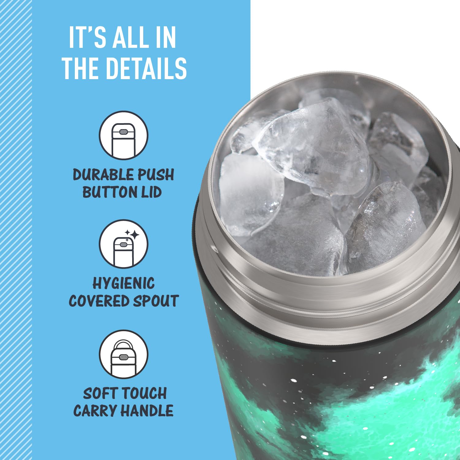 THERMOS FUNtainer sitting in a car cup holder demonstrating travel-friendly fit