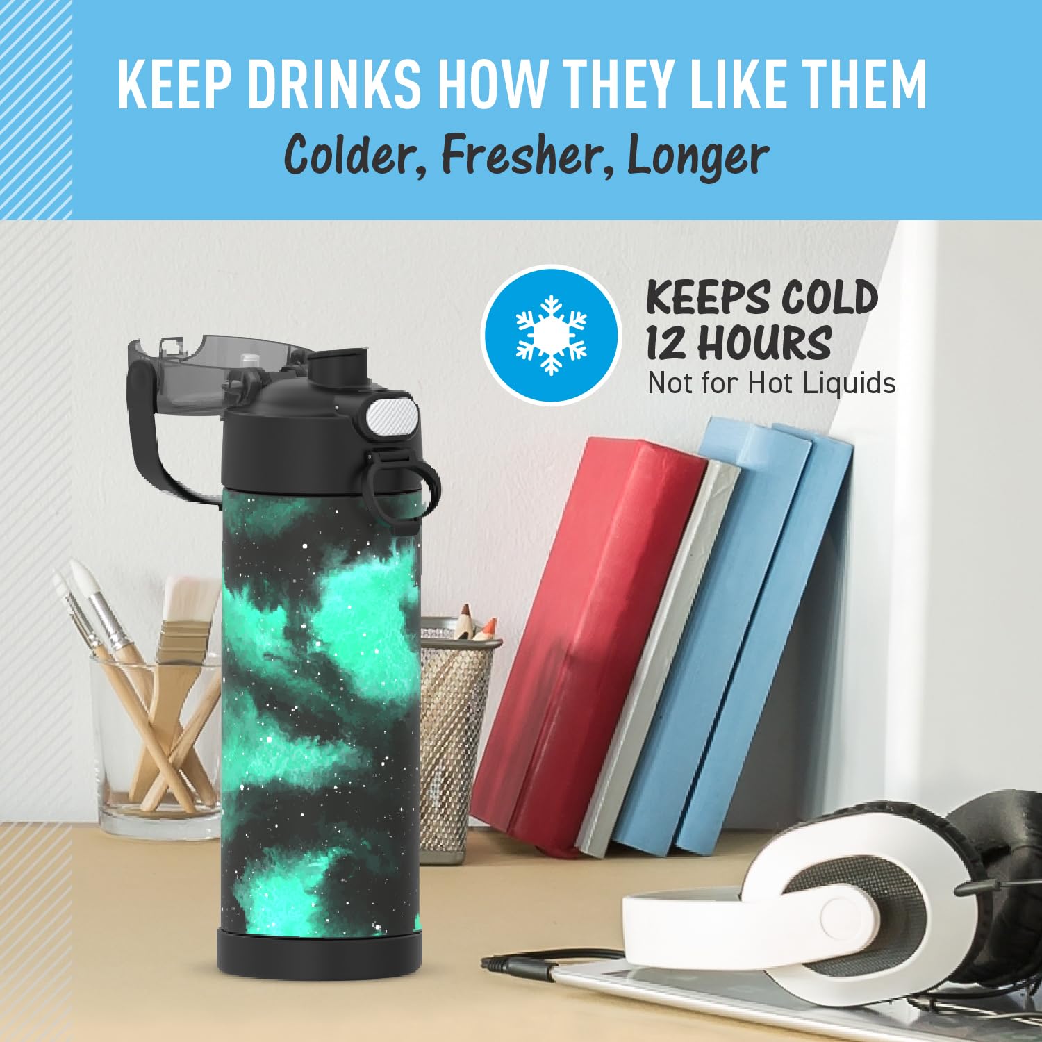 THERMOS FUNtainer next to a child's backpack illustrating school-ready durability