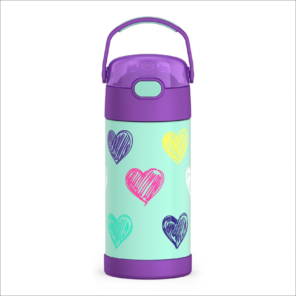 THERMOS FUNTAINER front view showing hearts pattern and compact size, great for kids