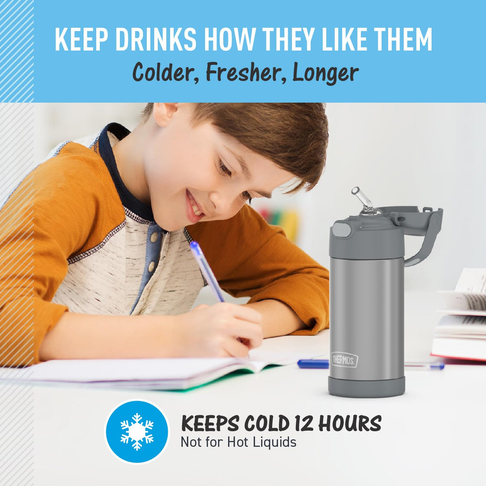 THERMOS FUNTAINER placed in backpack side pocket illustrating travel-ready size and fit