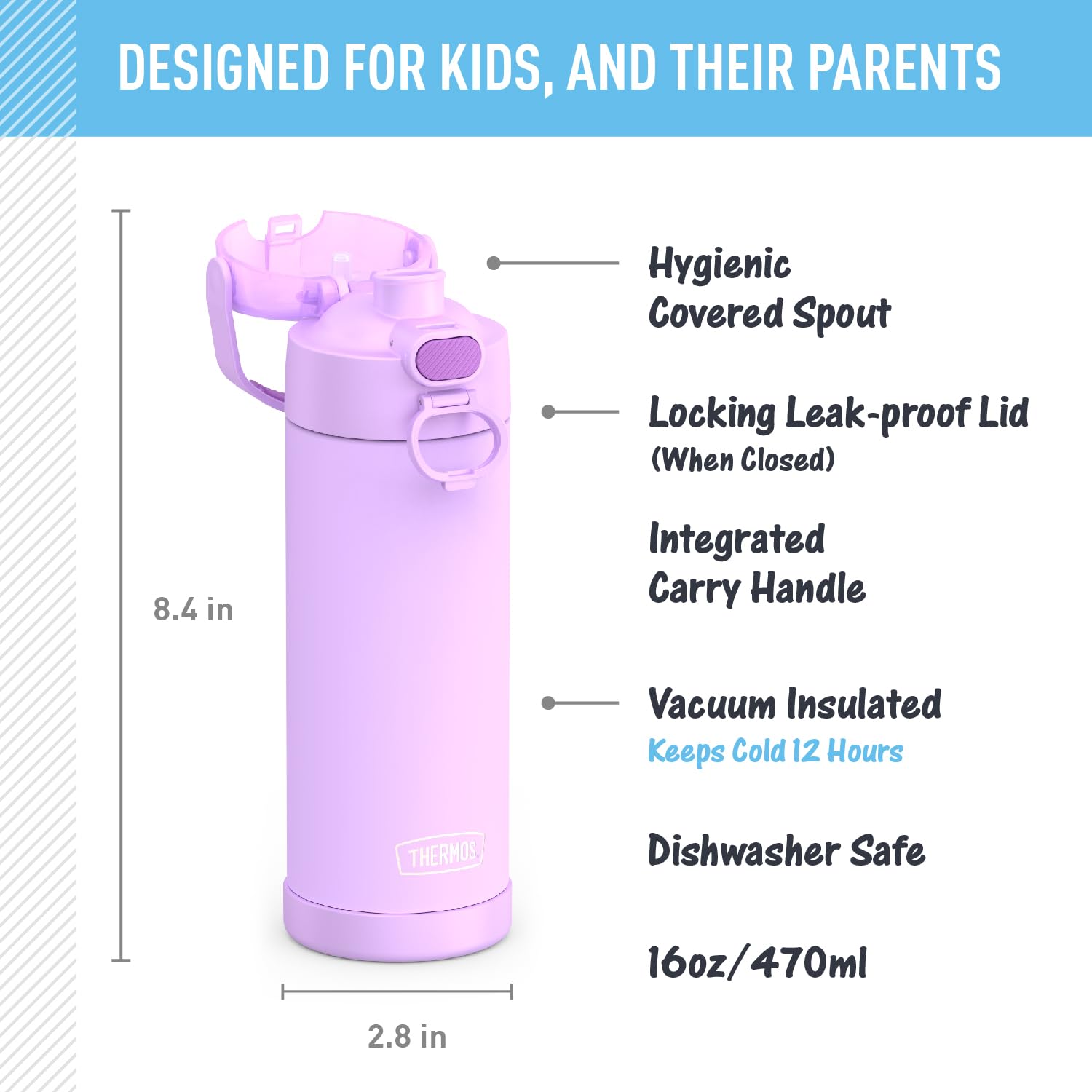 THERMOS FUNtainer lid spout detail with push-button for quick hygienic access