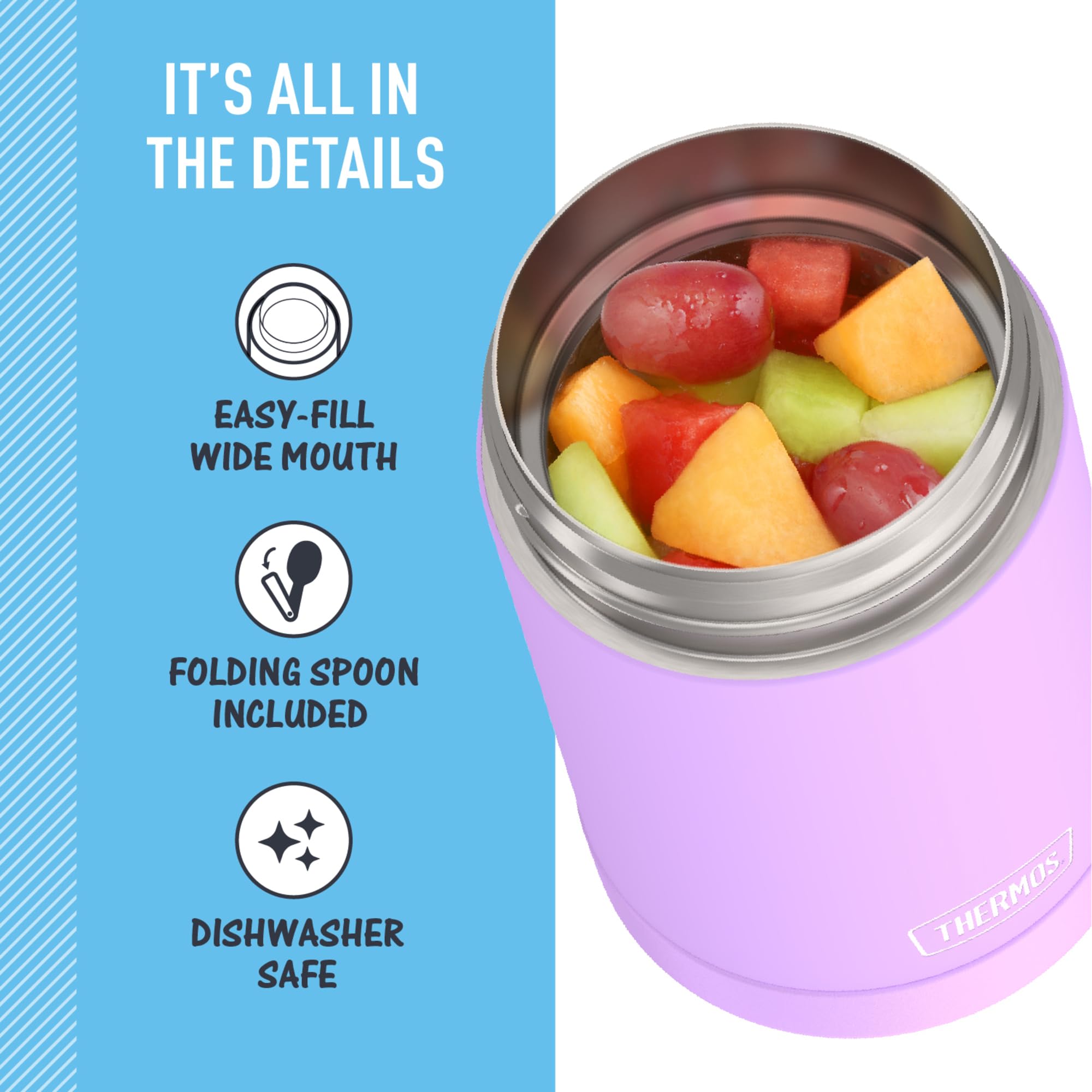 THERMOS FUNTAINER neon purple held in hand to show size and portability for school lunches