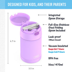 THERMOS FUNTAINER neon purple lid open with stainless-steel foldable spoon for ready-to-eat convenience