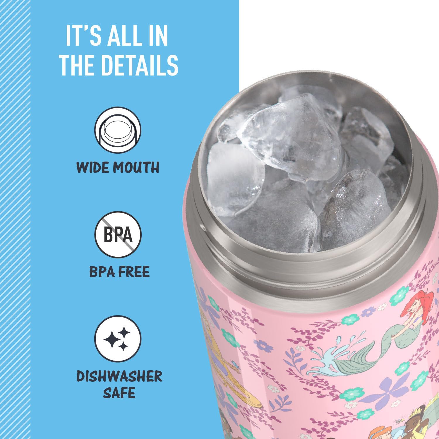 THERMOS FUNtainer princess in backpack pocket demonstrating compact, travel-friendly fit