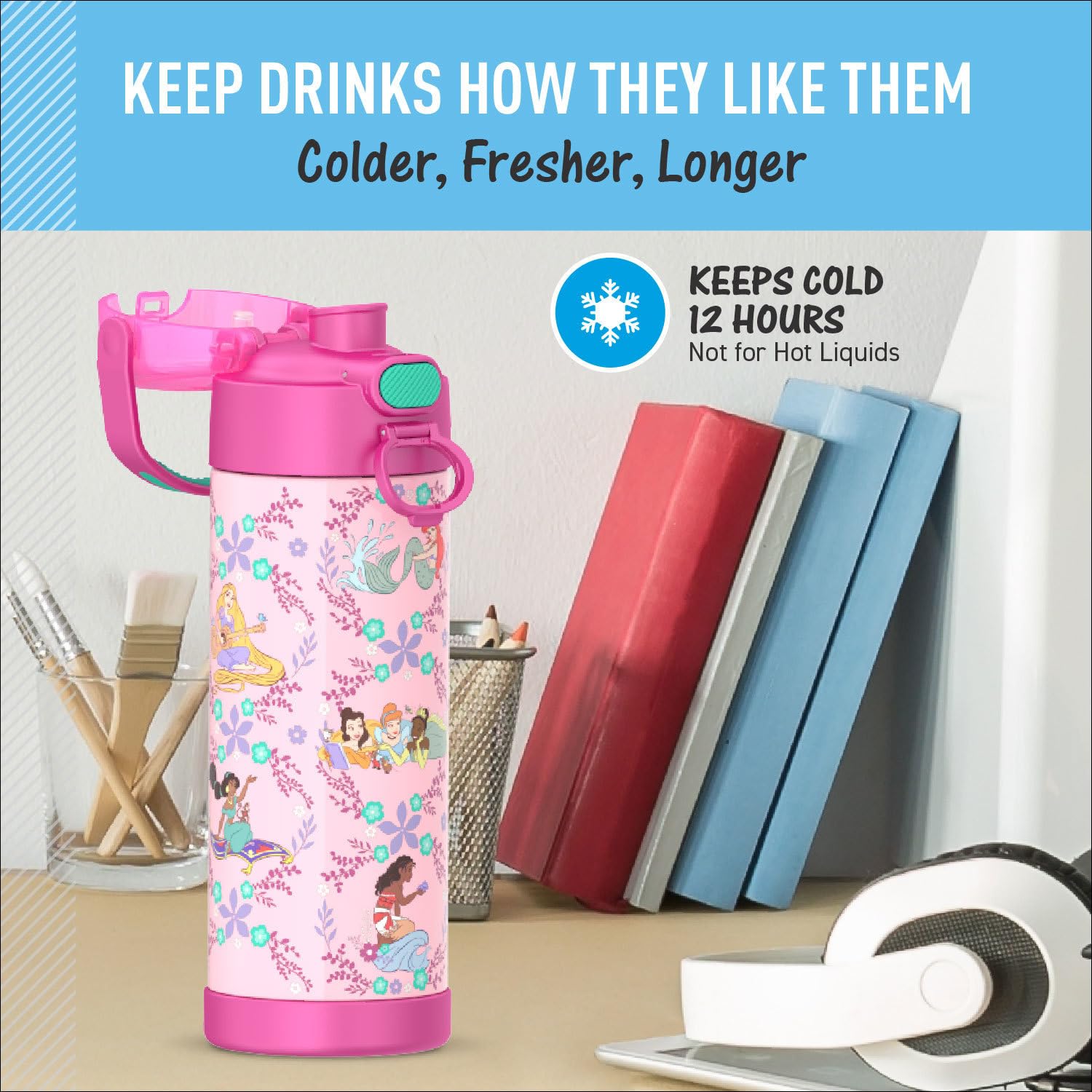 THERMOS FUNtainer princess held in a child's hand showing size and easy carry handle