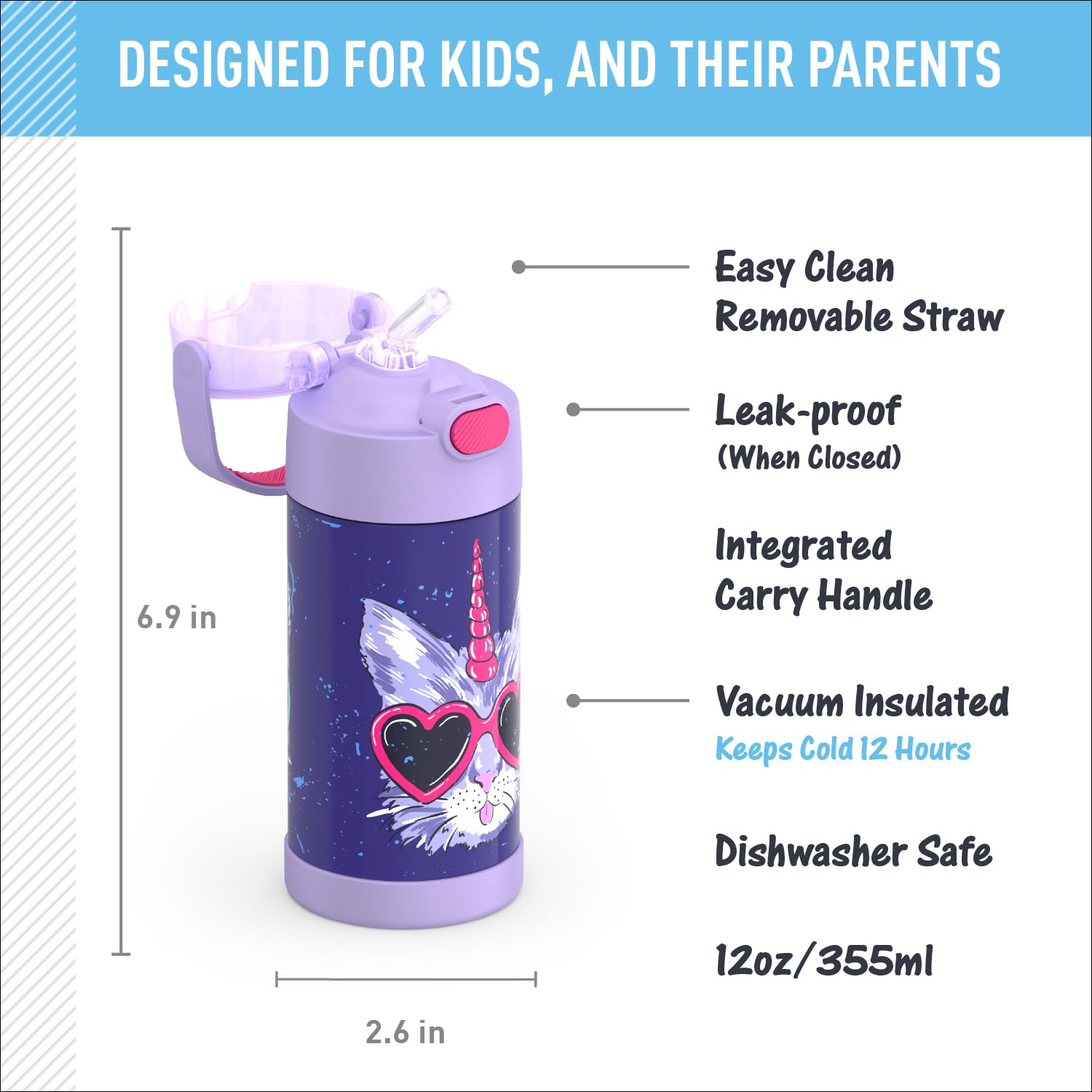 THERMOS FunTainer lid open with push-button showing easy one-handed access