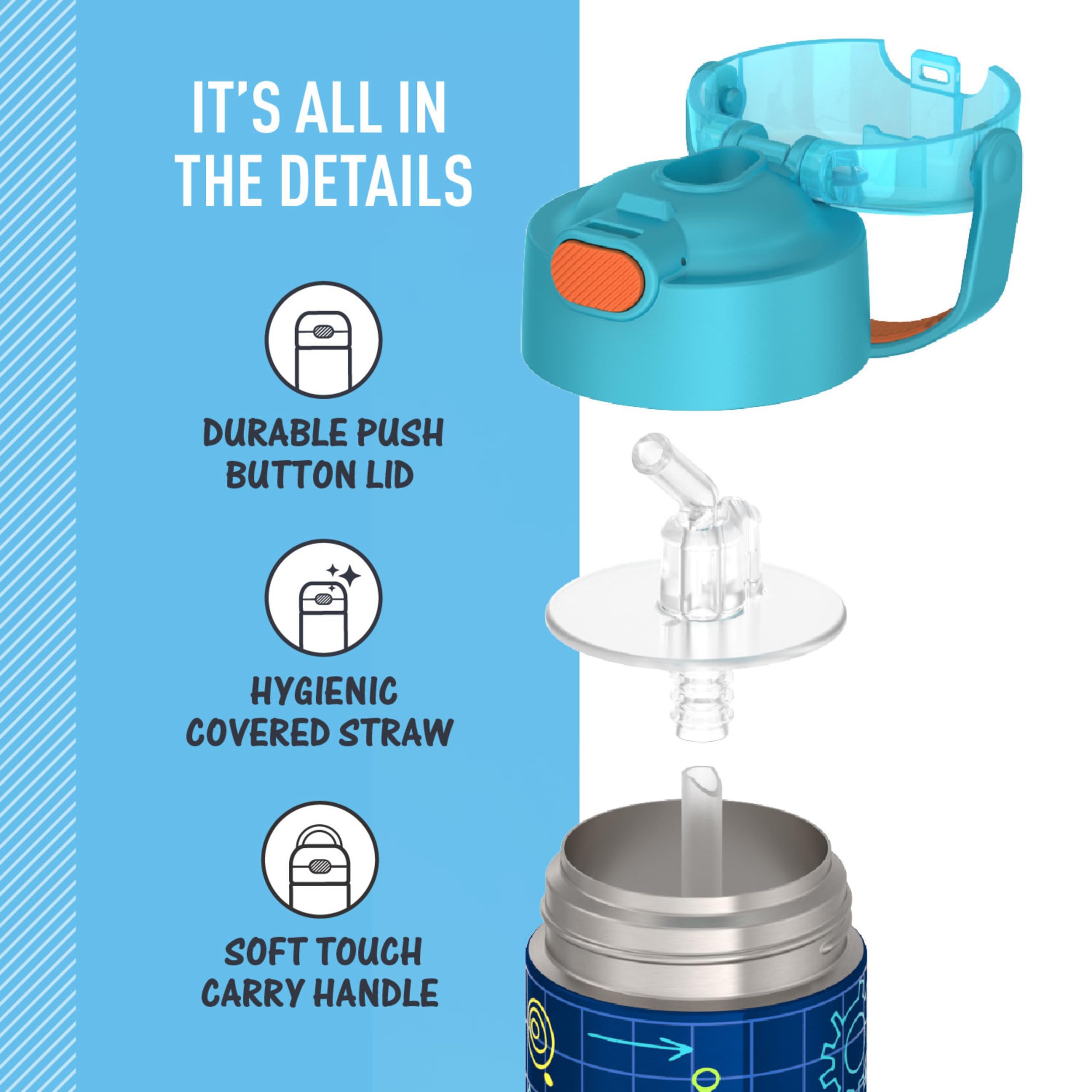 THERMOS FUNtainer tucked in a backpack side pocket for convenient on-the-go access
