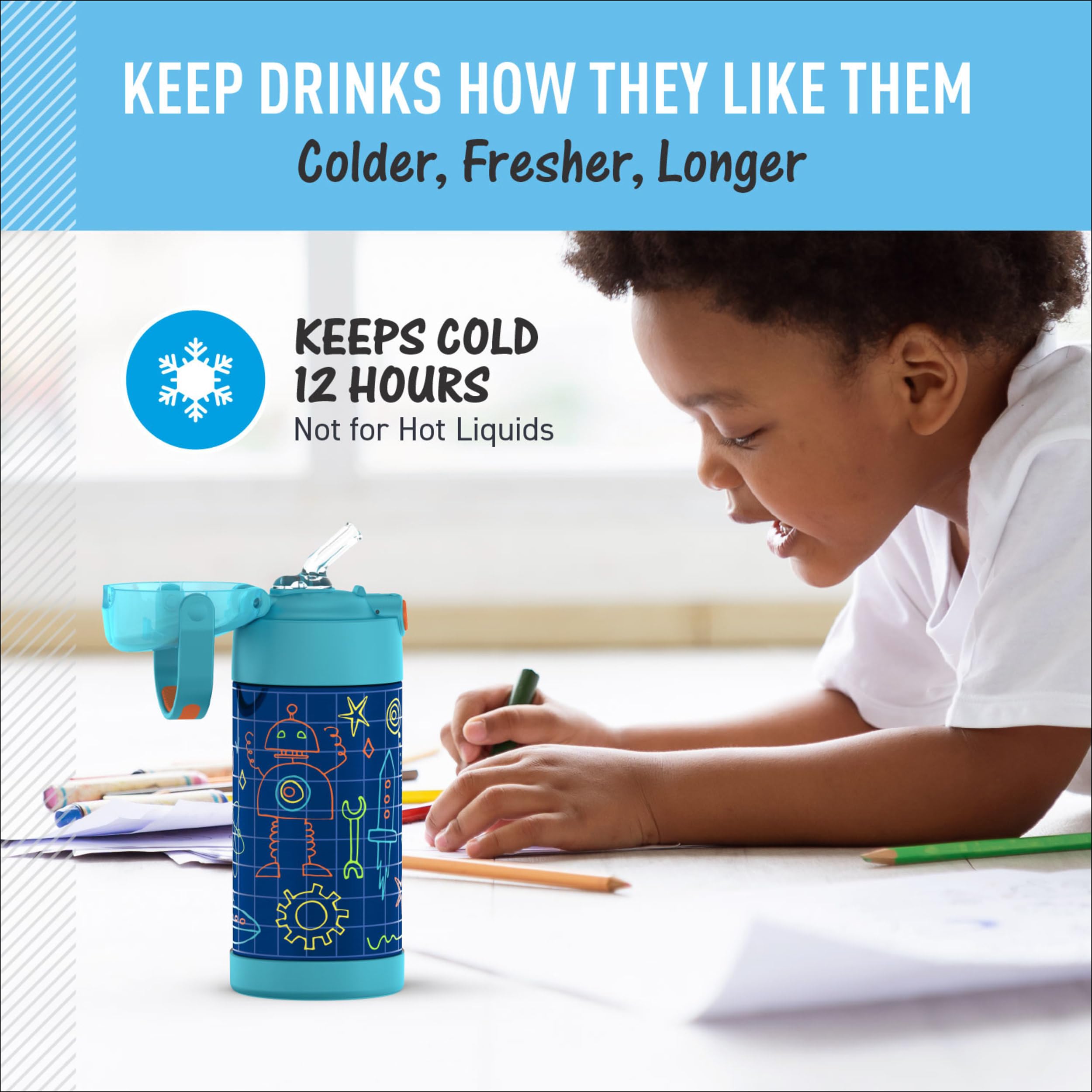 THERMOS FUNtainer held in a child’s hand to show 12oz scale and portability