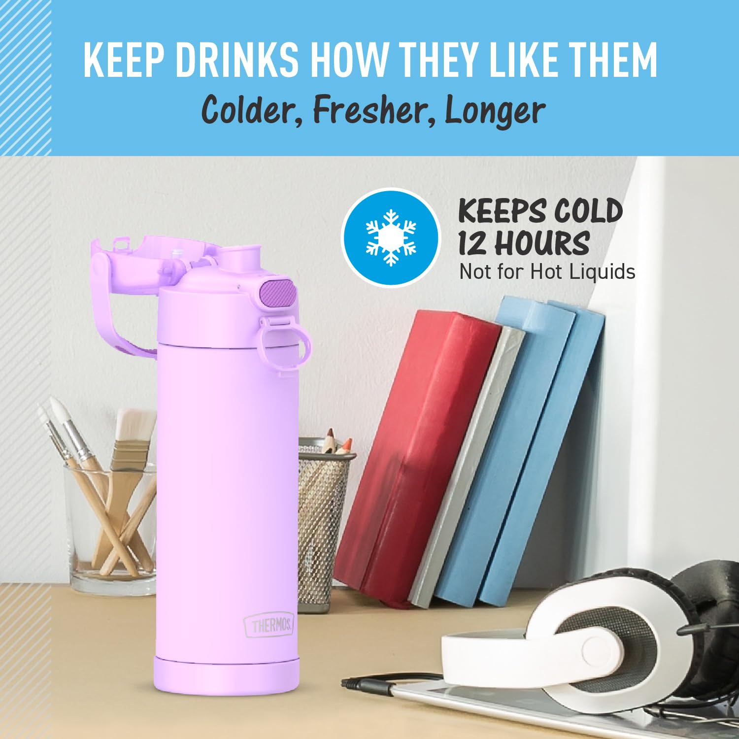 THERMOS FUNtainer next to backpack pocket to show compact fit and portability
