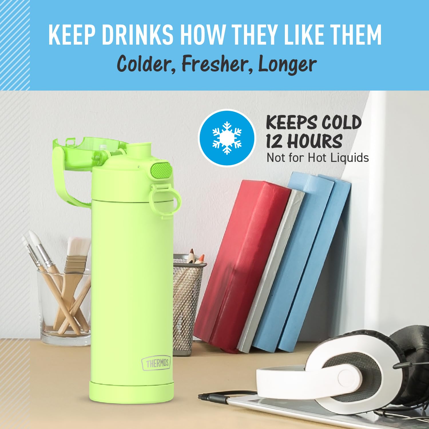 THERMOS FUNTAINER next to a water bottle for scale showing compact benefit