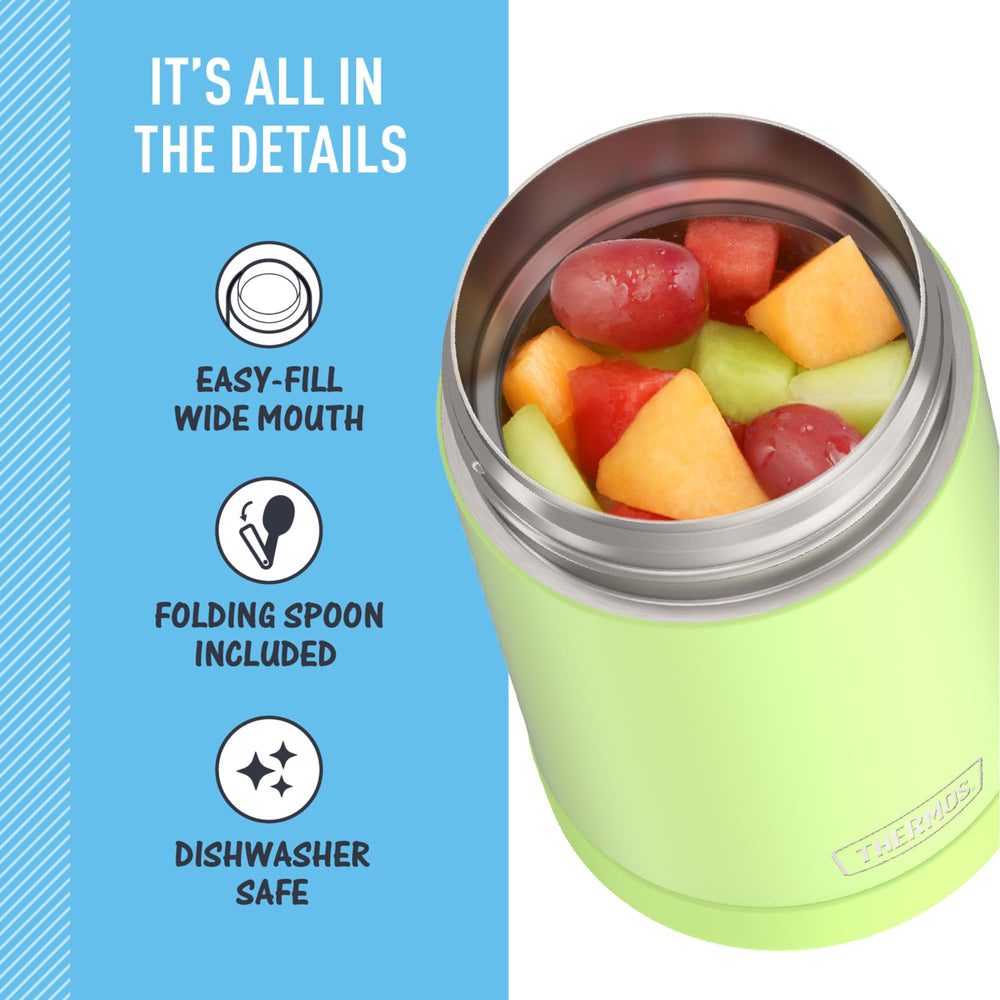 THERMOS FUNTAINER held in a child's hand showing travel-ready size benefit