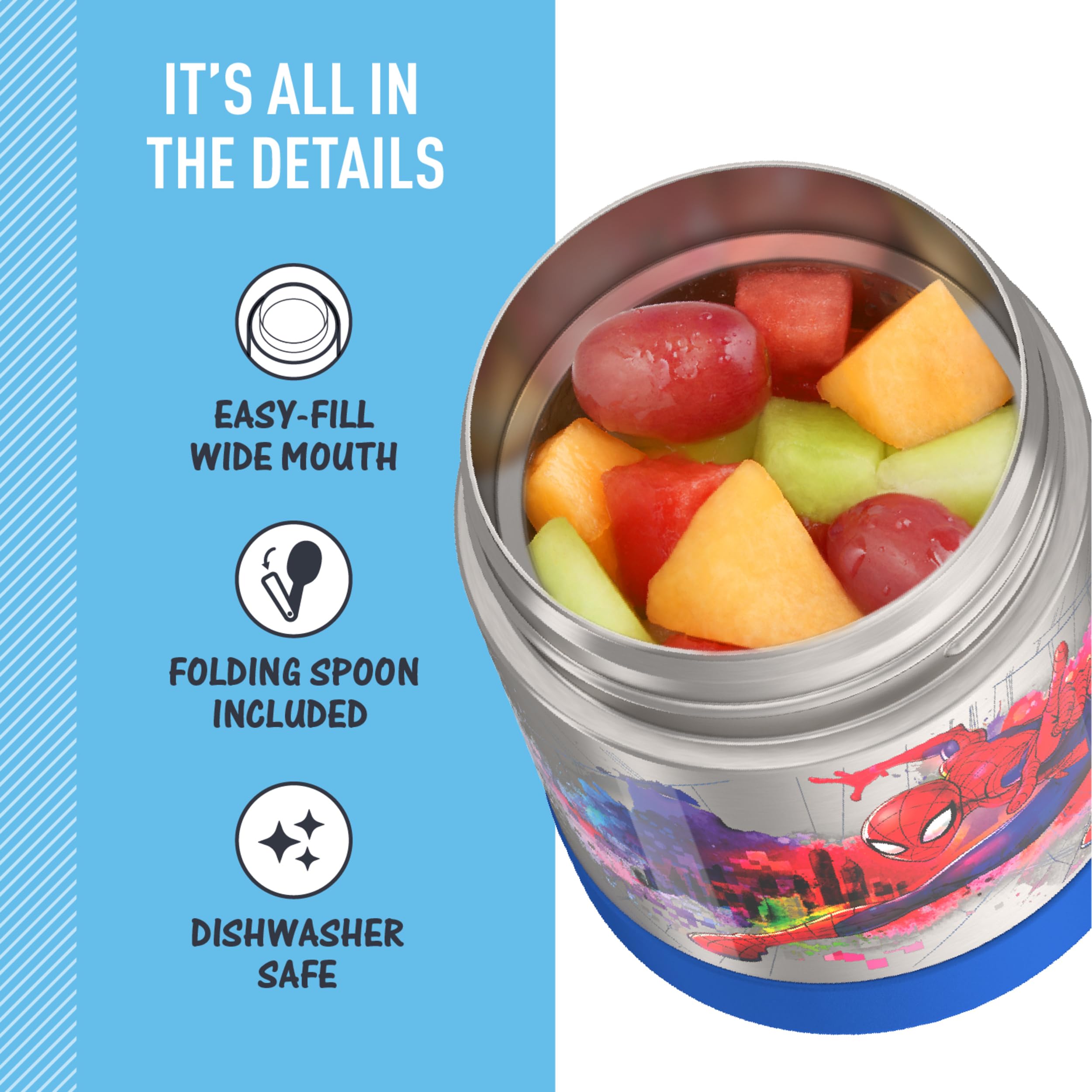 THERMOS FUNtainer Spider-Man next to lunchbox showing compact 10oz size
