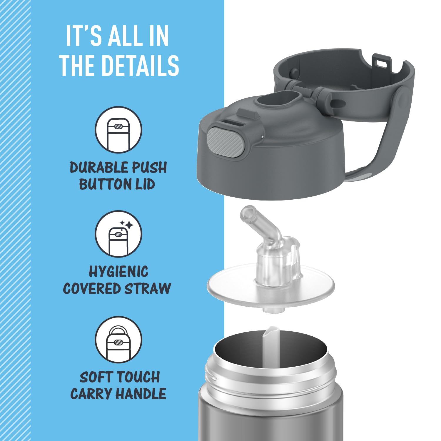 THERMOS FUNTAINER removable silicone straw shown apart for easy cleaning and hygiene