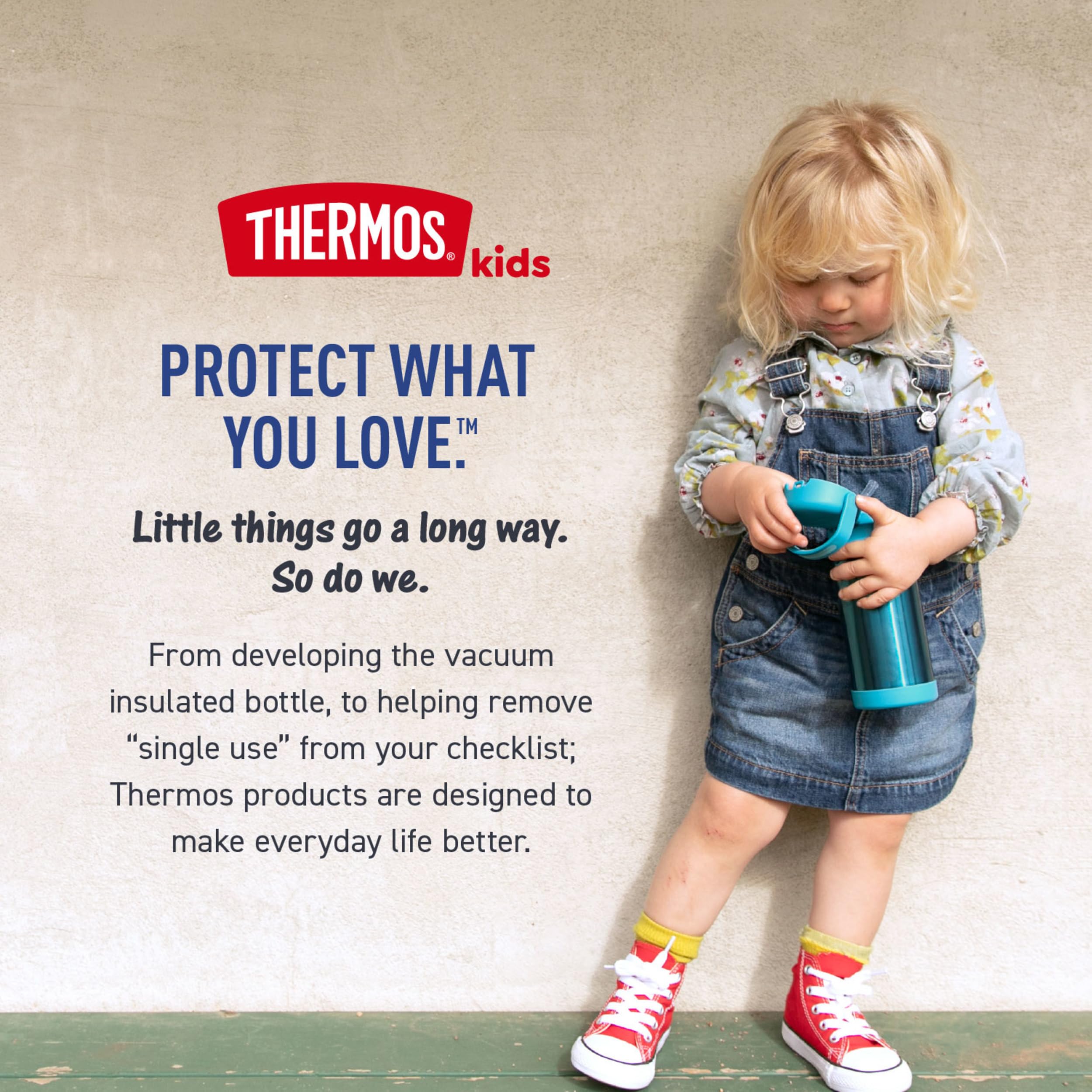 THERMOS packaging and label displaying brand history and product safety information