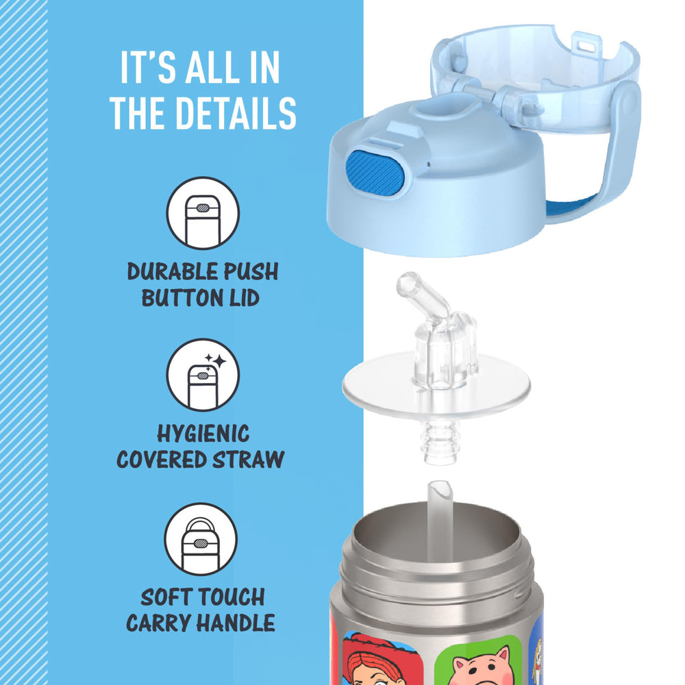 THERMOS next to a child’s backpack to show 12oz size fitting pocket and cup holder