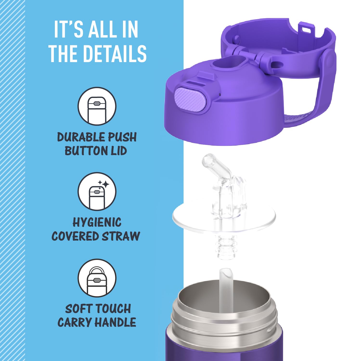 THERMOS FUNTAINER violet soft-touch handle close-up for comfortable kid carrying