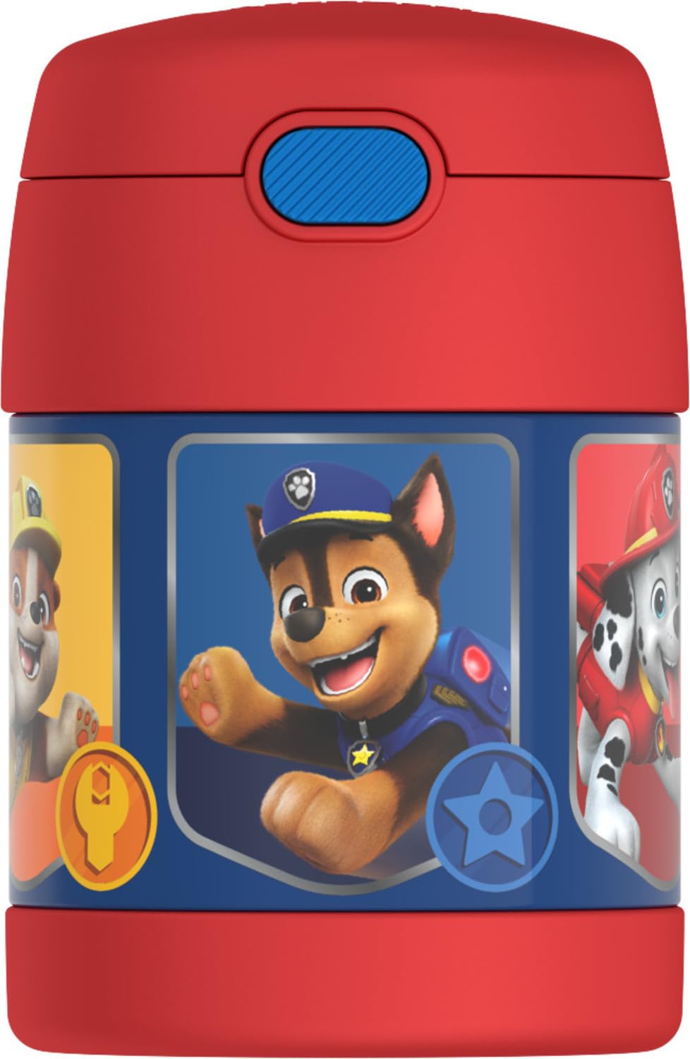 THERMOS Paw Patrol front view showing colorful kid-friendly design and secure lid
