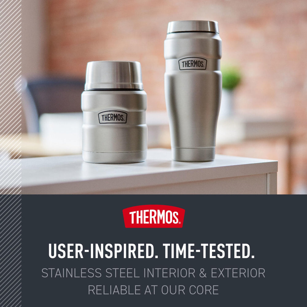 THERMOS placed in car cup holder showing travel-ready secure fit