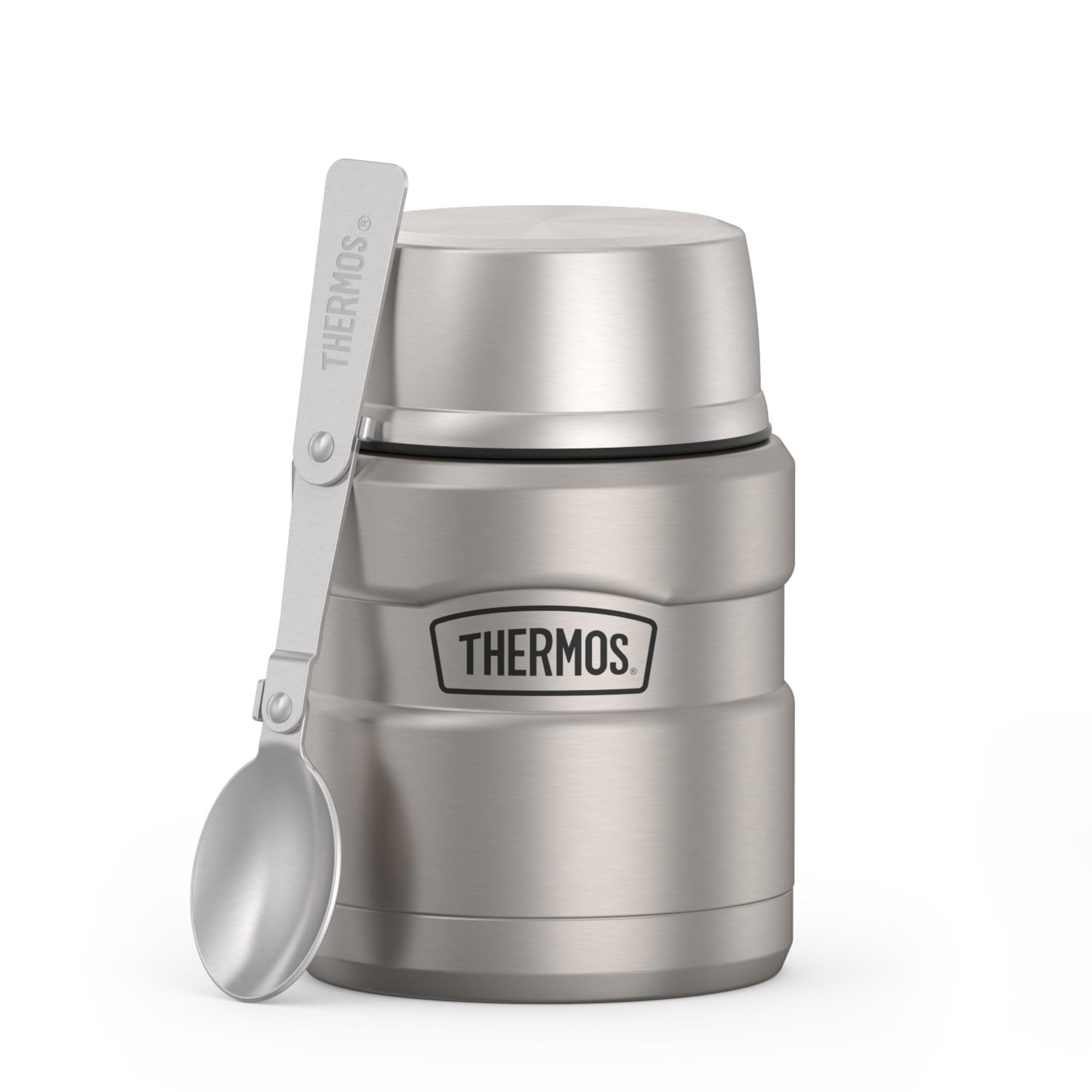 THERMOS front view matte steel food jar showing compact design and portability
