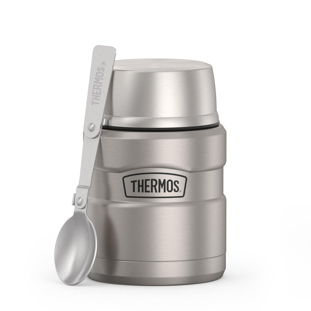 THERMOS front view matte steel food jar showing compact design and portability
