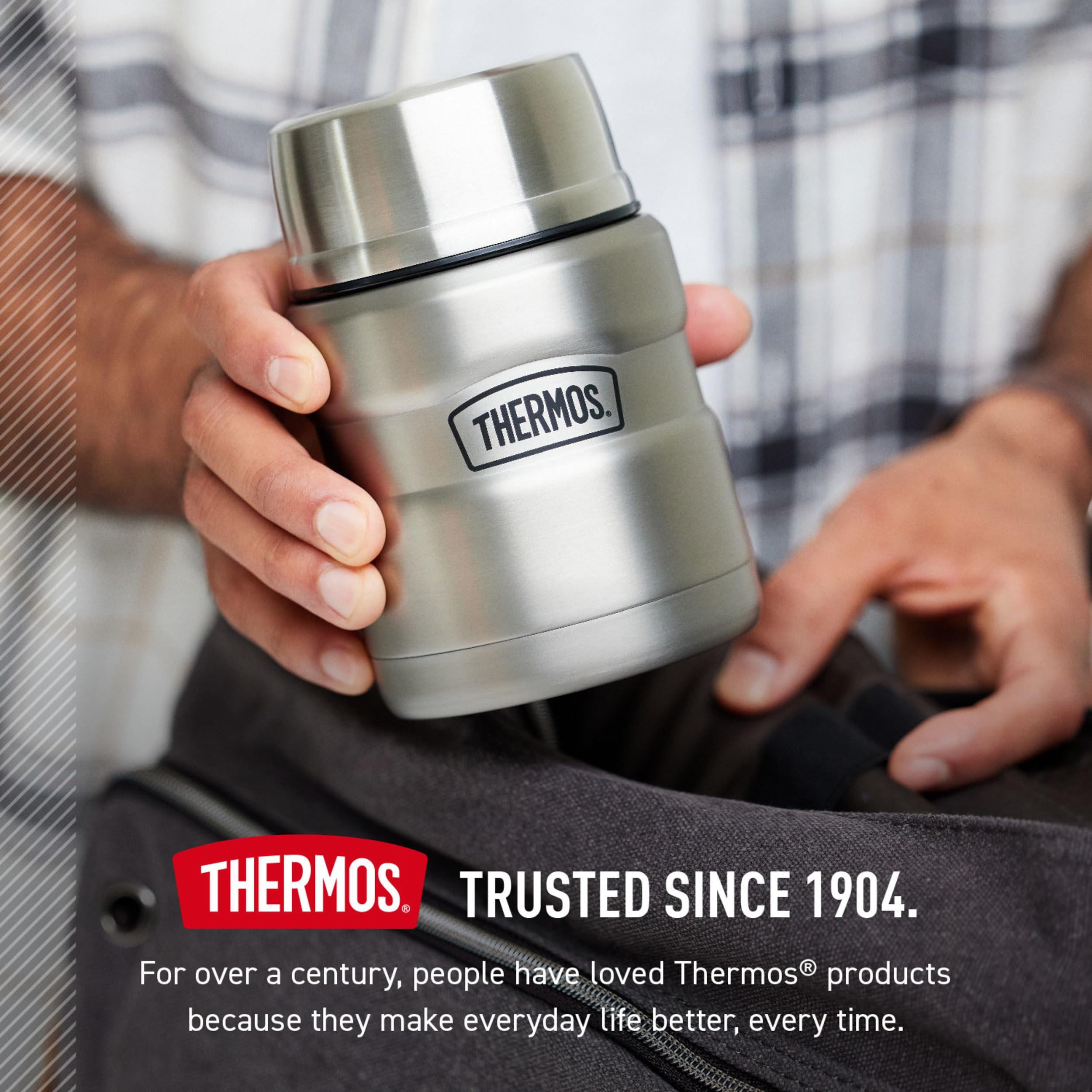 THERMOS packed in backpack among gear showing outdoor-ready meal portability