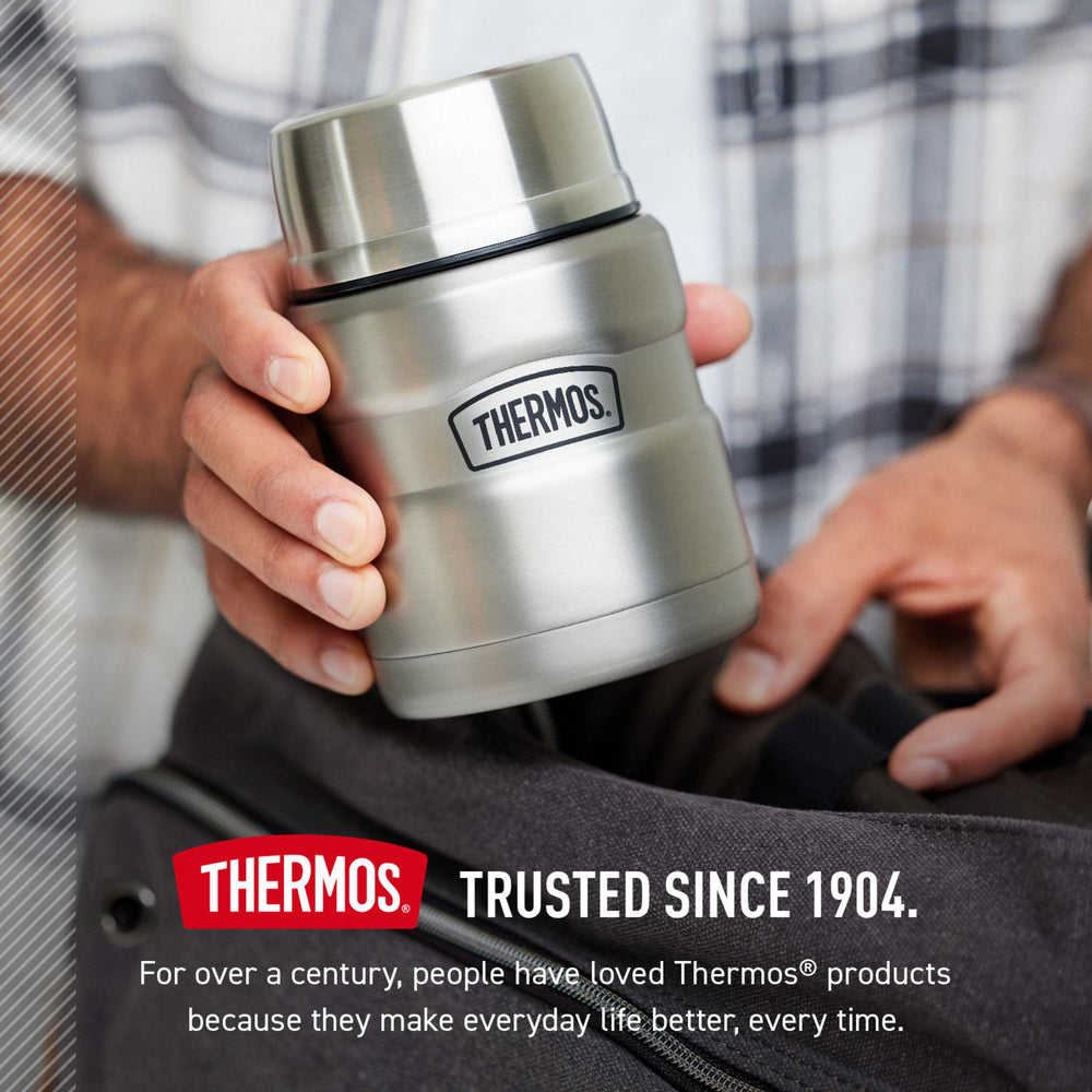THERMOS packed in backpack among gear showing outdoor-ready meal portability