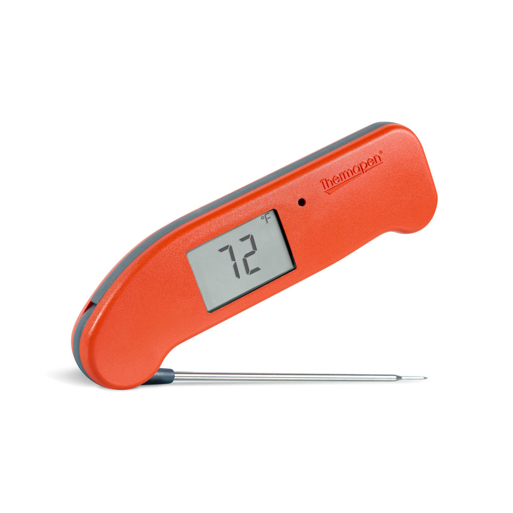 ThermoWorks Thermapen ONE front view shows cayenne red finish and quick readability