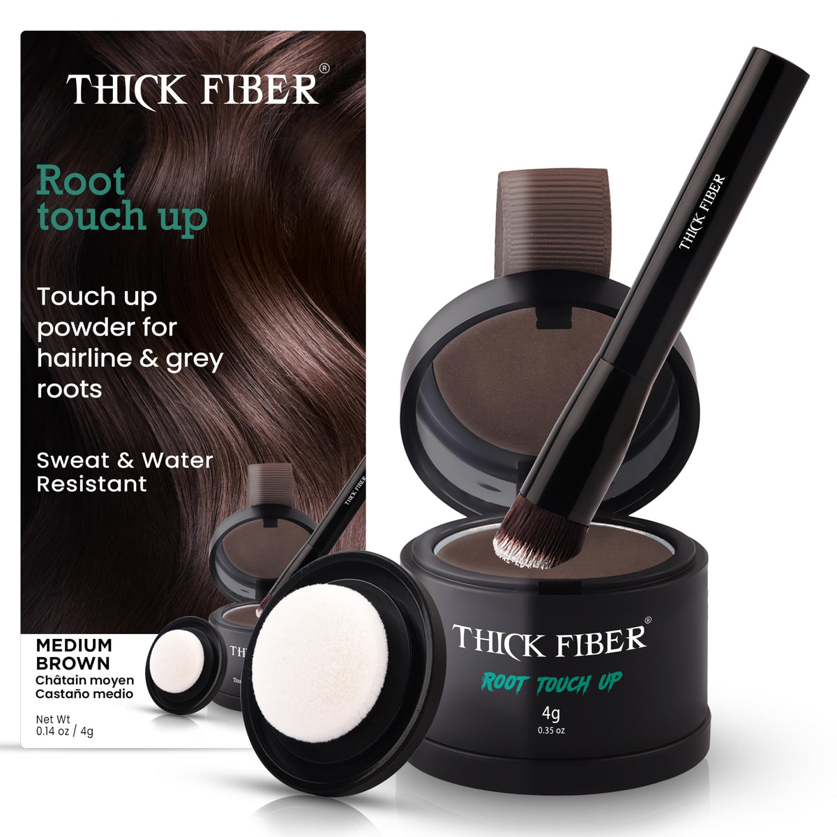 Thick Fiber front box medium brown showing kit and benefits