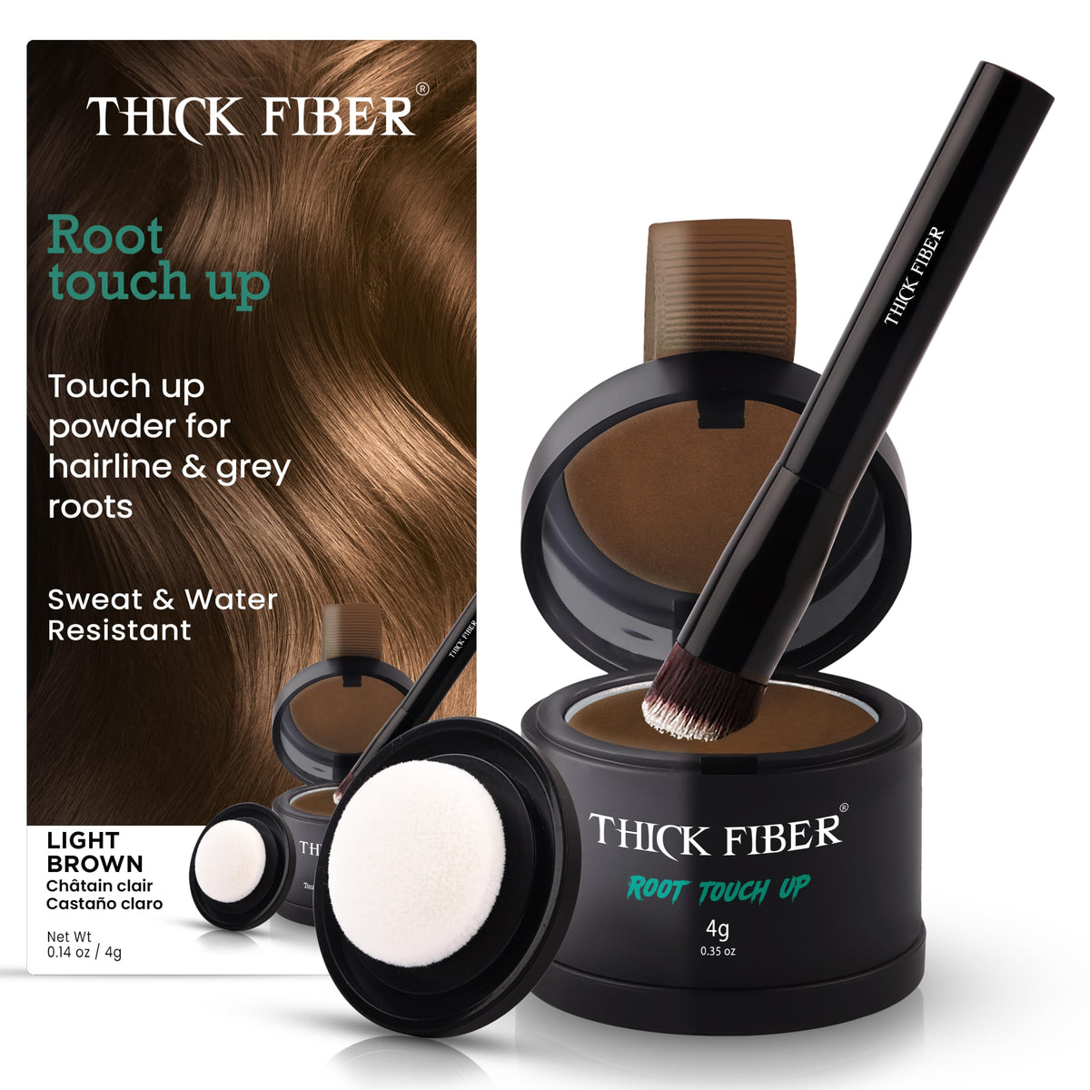 THICK FIBER front packaging showing Light Brown shade for instant coverage