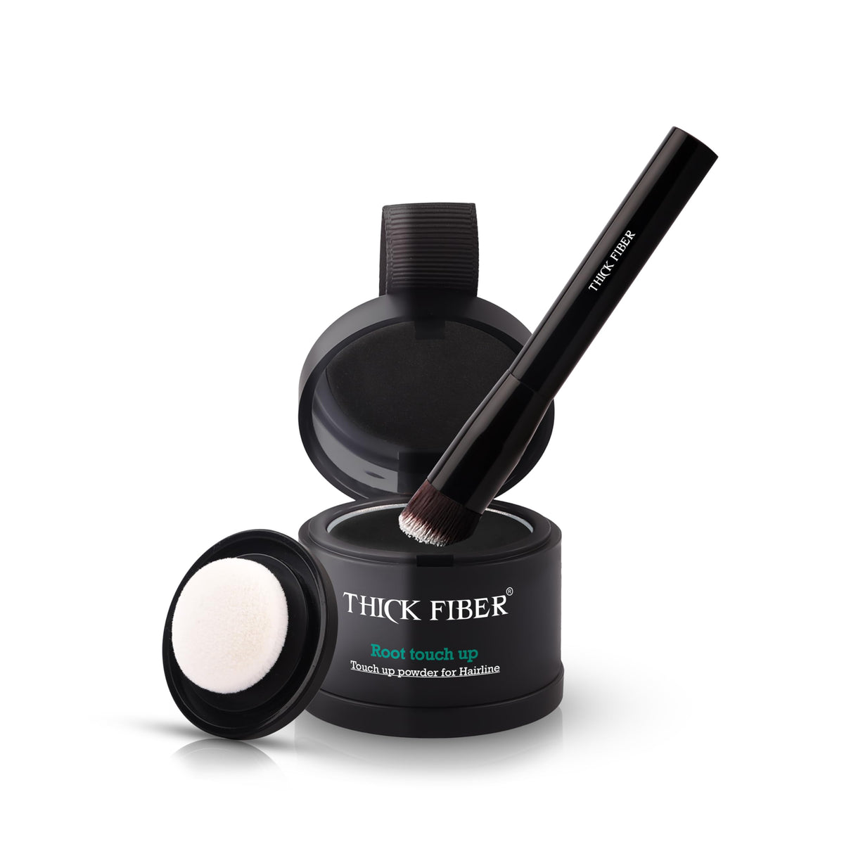 THICK FIBER front packaging showing compact and brush for quick touch ups