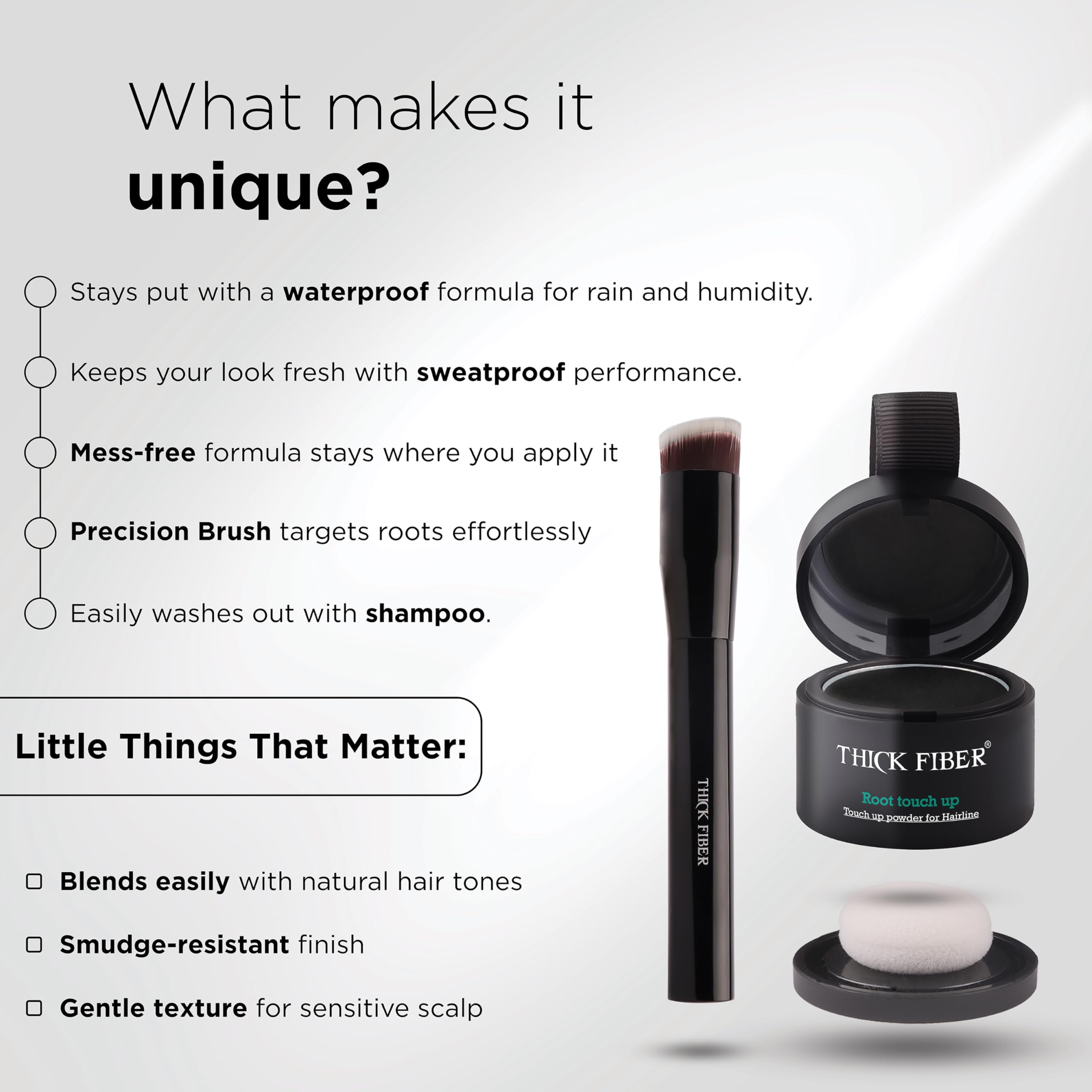 THICK FIBER size scale in hand showing portable, travel-friendly convenience