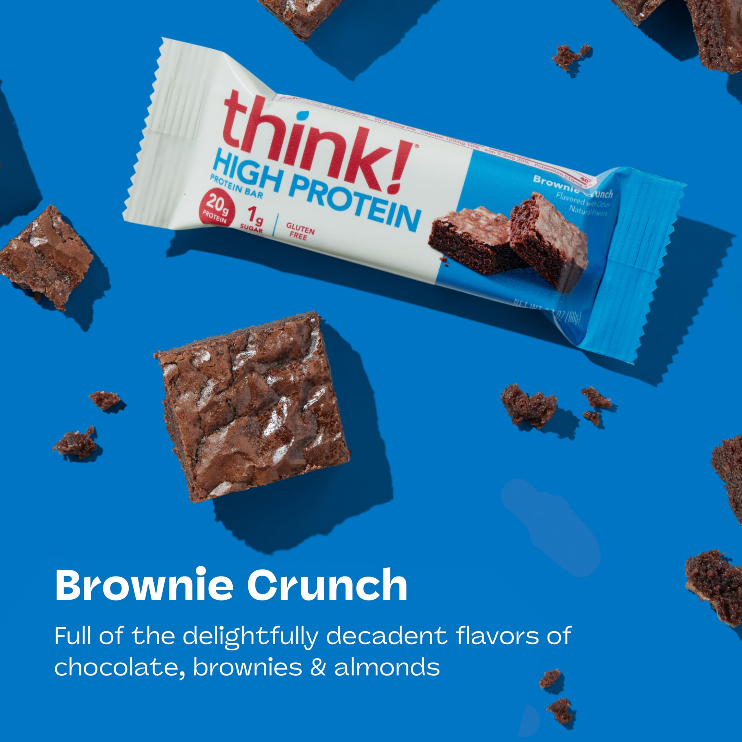 thinkThin unwrapped Brownie Crunch bar close-up showing chocolate coating and interior benefit