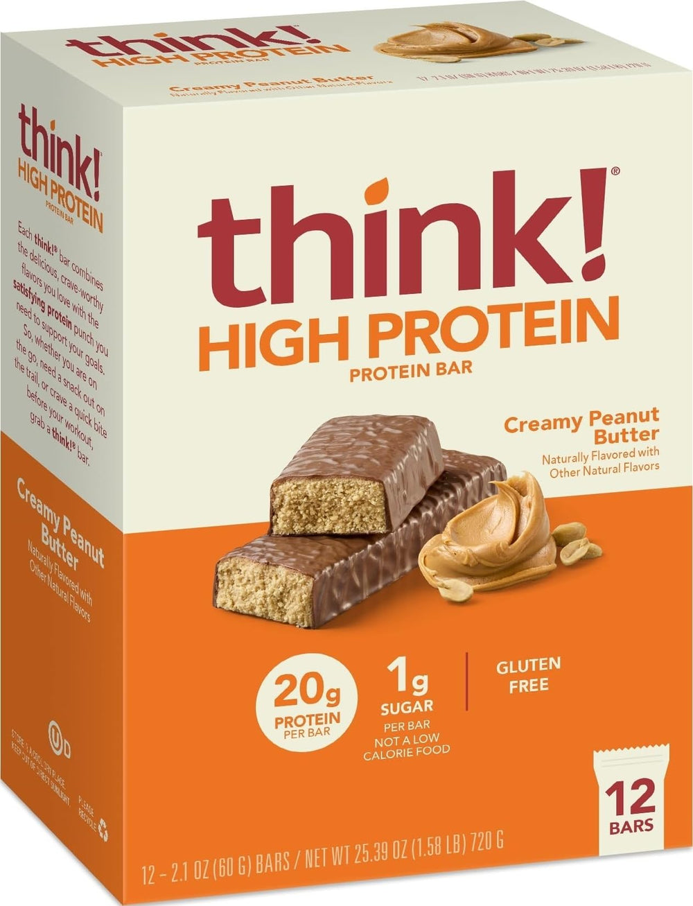 thinkThin front pack view showing cream peanut butter bar and benefits