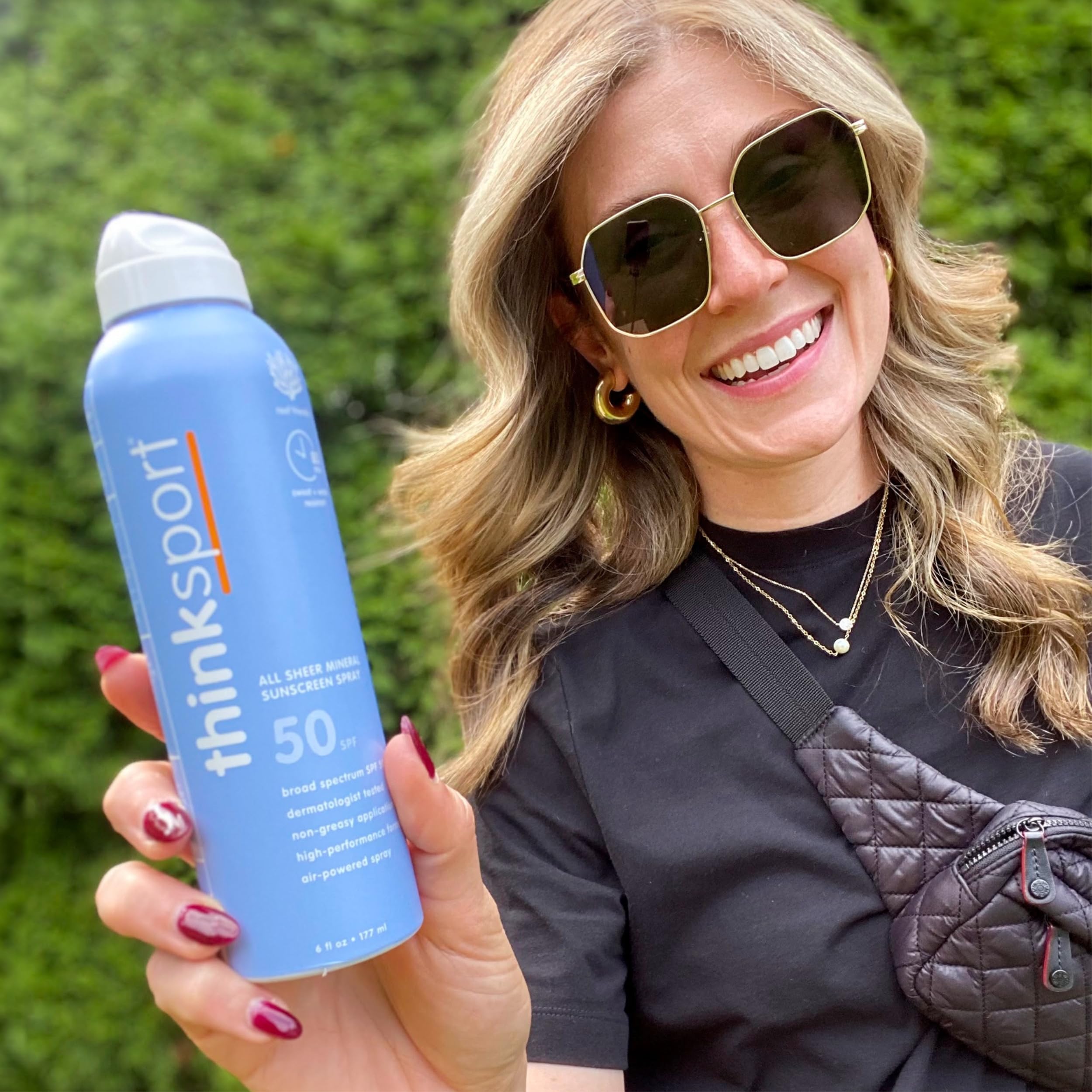 Thinksport spray mist on skin showing quick dry, non-greasy benefit