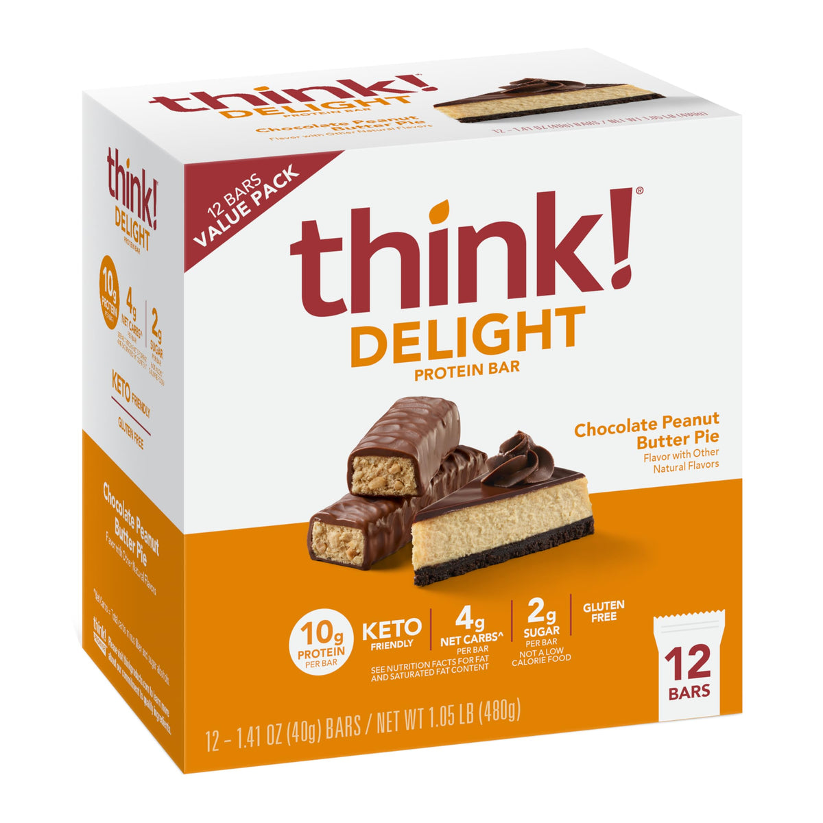 thinkThin front packaging of 12-count box showing dessert flavor appeal
