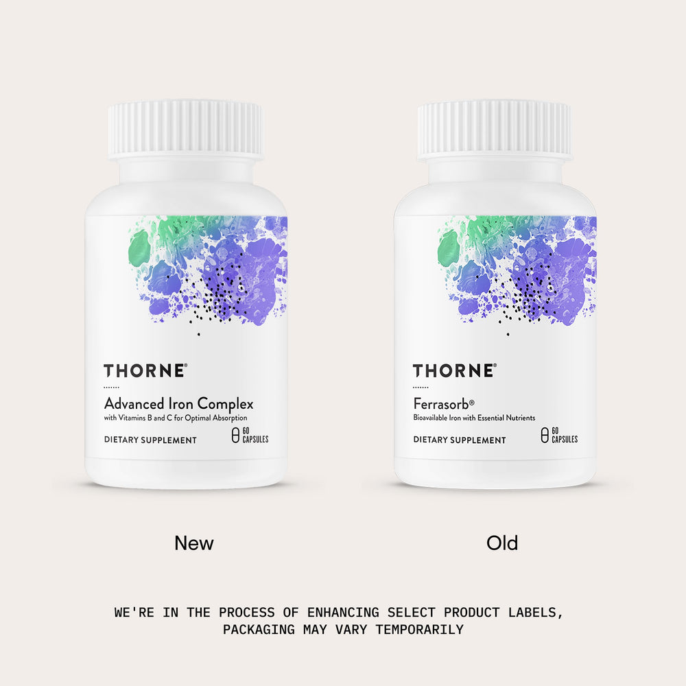 THORNE label detail showing iron bisglycinate and B vitamin listing