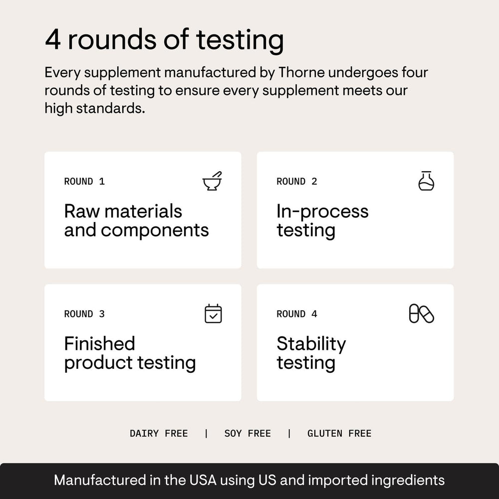 THORNE product with third-party certification seal indicating verified purity