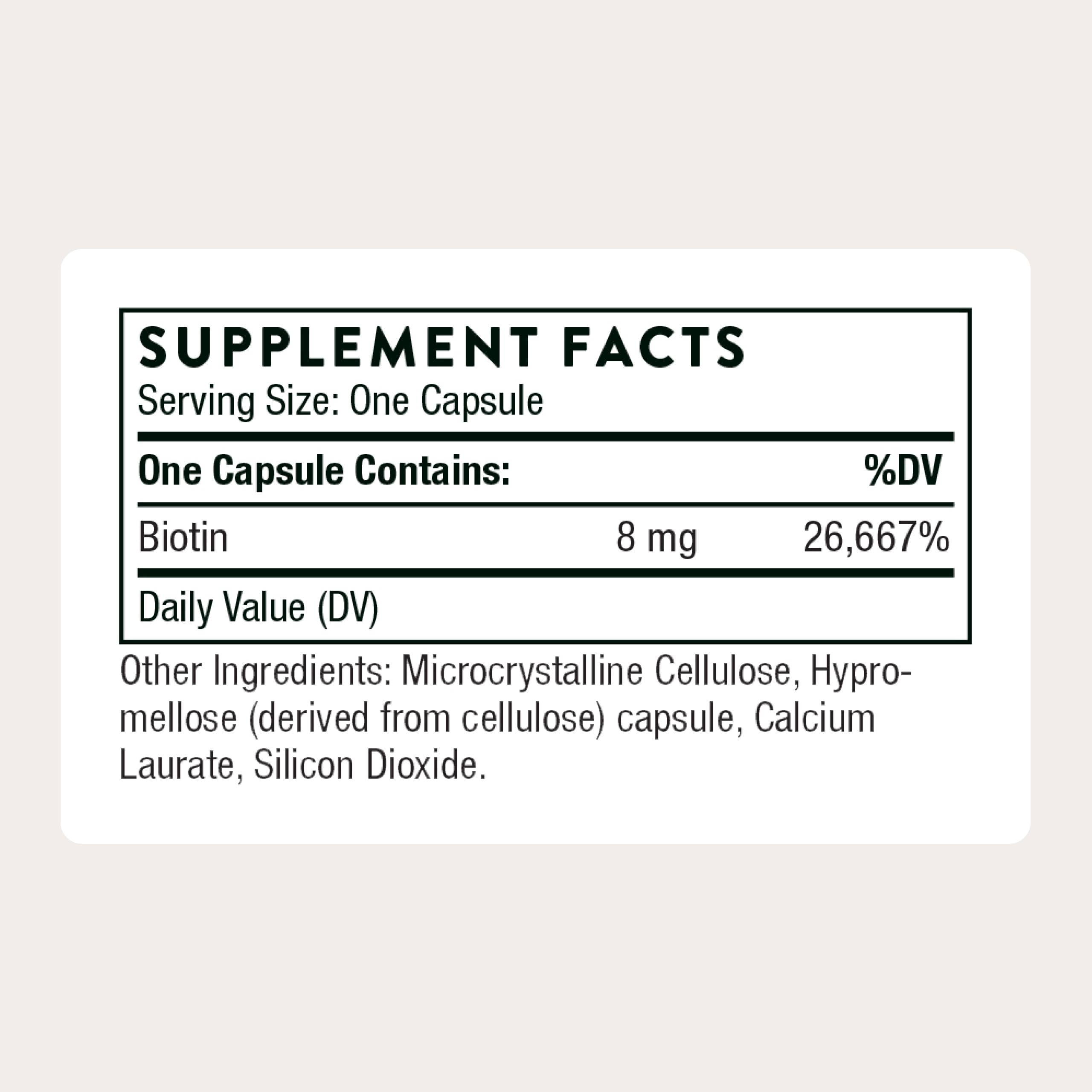 THORNE biotin capsules close-up displaying smooth capsules for easy swallowing and dosage clarity