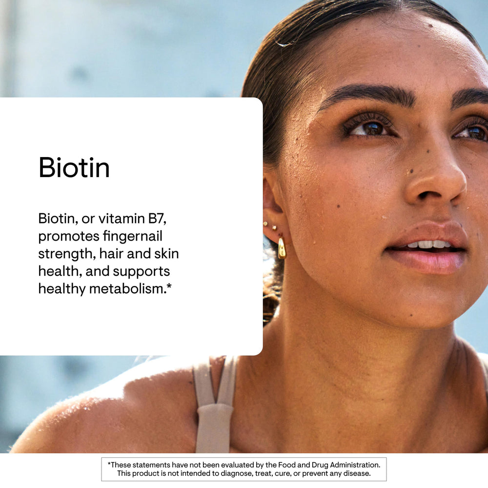 THORNE supplement facts label close view showing biotin 8 mg and third-party certification details