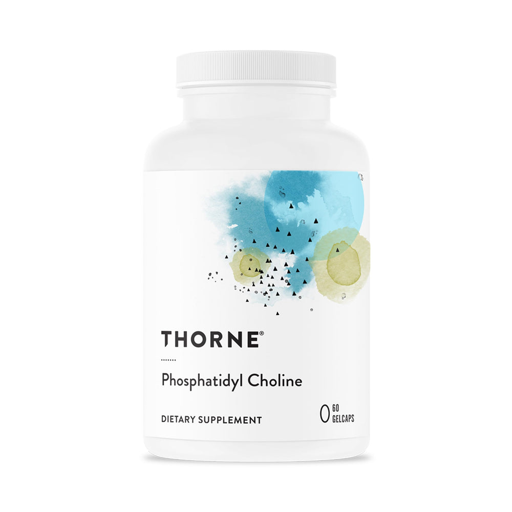THORNE front label showing phosphatidyl choline bottle and benefits