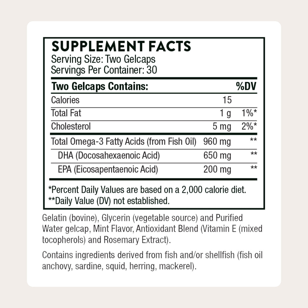 Close-up of THORNE prenatal DHA softgels showing smooth texture and easy swallowing