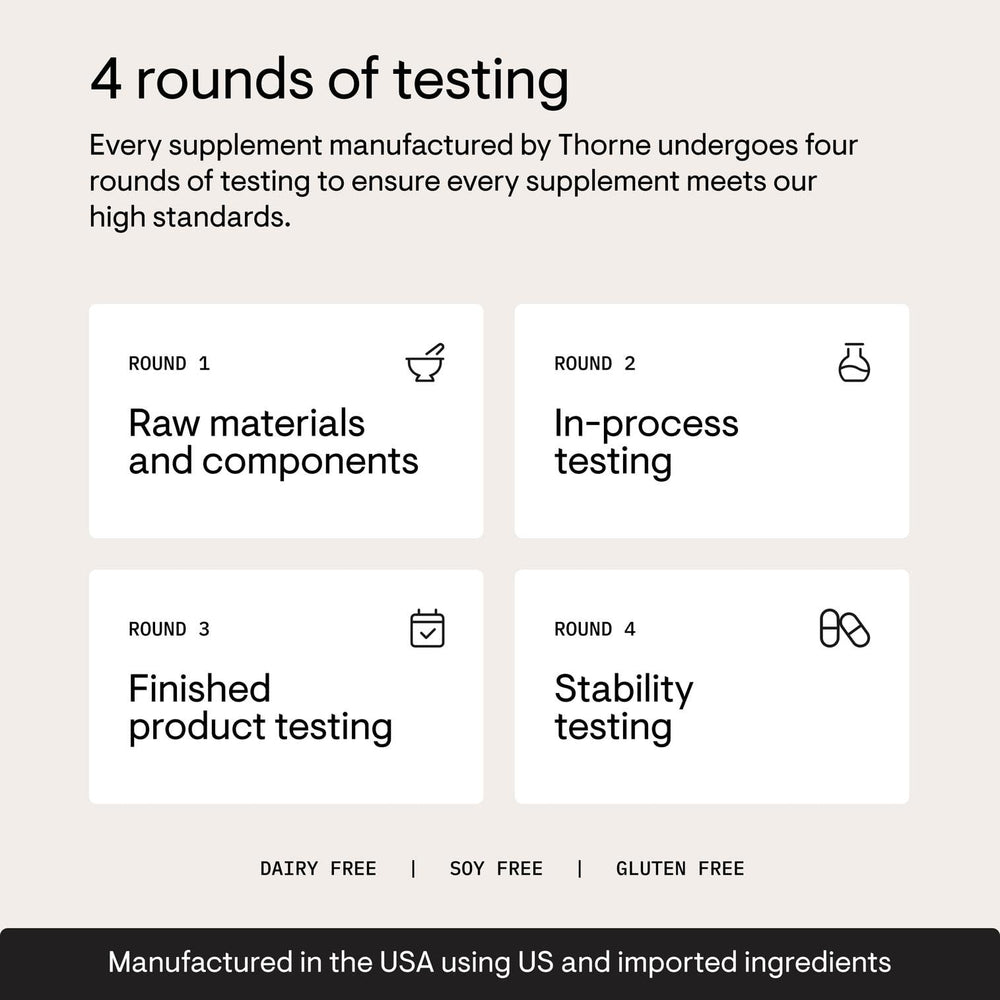 THORNE lab testing scene emphasizing four-stage quality control and trust