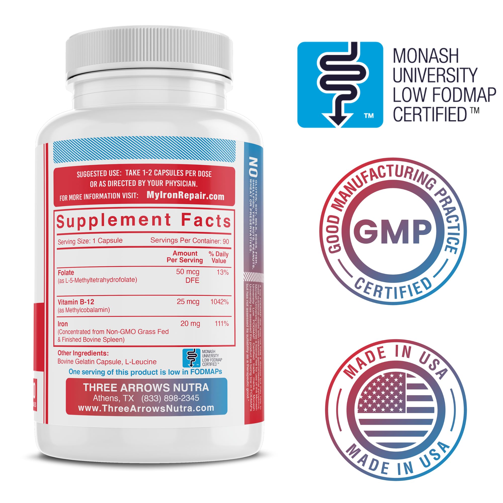 Three Arrows close-up of brown capsules showing smooth texture and gentle digestion benefit